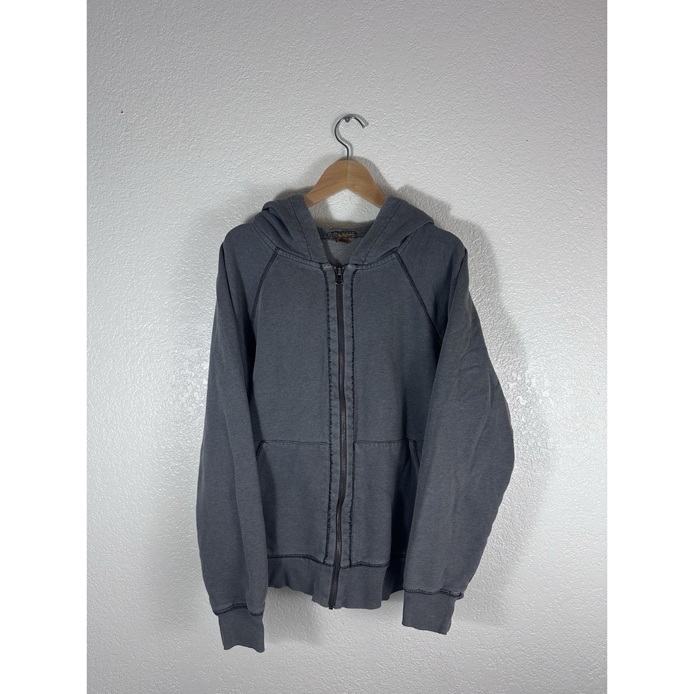 Blue Y2K Full Zip Hoodie Mens Large Gray Washed Grunge Moto Distressed